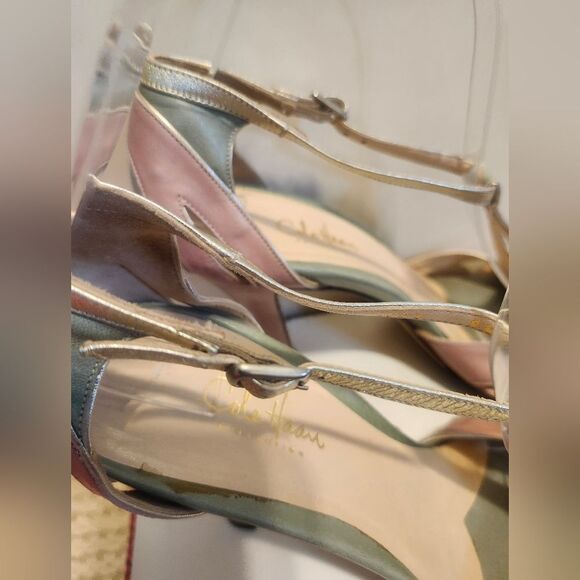 Cole Haan Collection Pale Pink/Seafoam Leather T-Strap Peeptoe Pumps Sz.9 $295 - Picture 8 of 11